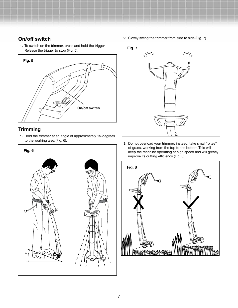 On/off switch, Trimming | Snow Joe TRJ609E-RM Trimmer Joe 3-Amp 9.45-Inch Electric Grass Trimmer User Manual | Page 7 / 12