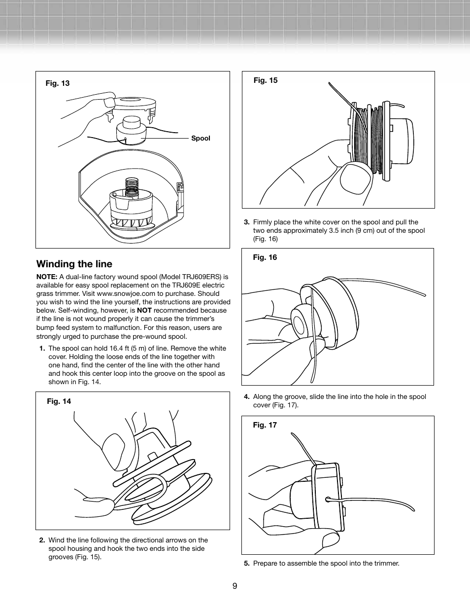 Winding the line | Snow Joe TRJ609E-RM Trimmer Joe 3-Amp 9.45-Inch Electric Grass Trimmer User Manual | Page 9 / 12