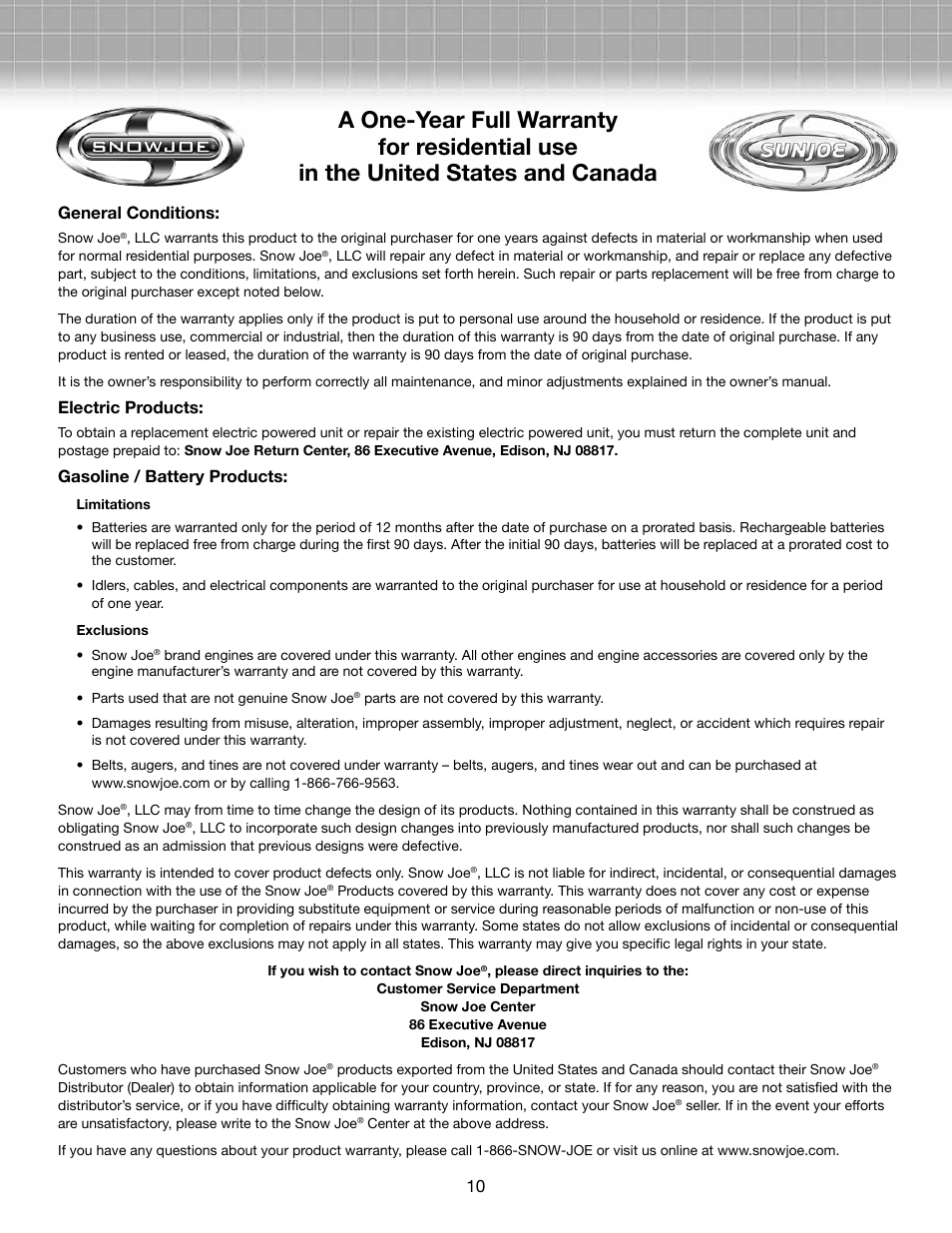 General conditions, Electric products, Gasoline / battery products | Snow Joe HJ602C-RM Hedger Joe 3.6V Li-ion 2 Tools in 1 Cordless Grass Shear/Shrubber User Manual | Page 10 / 10