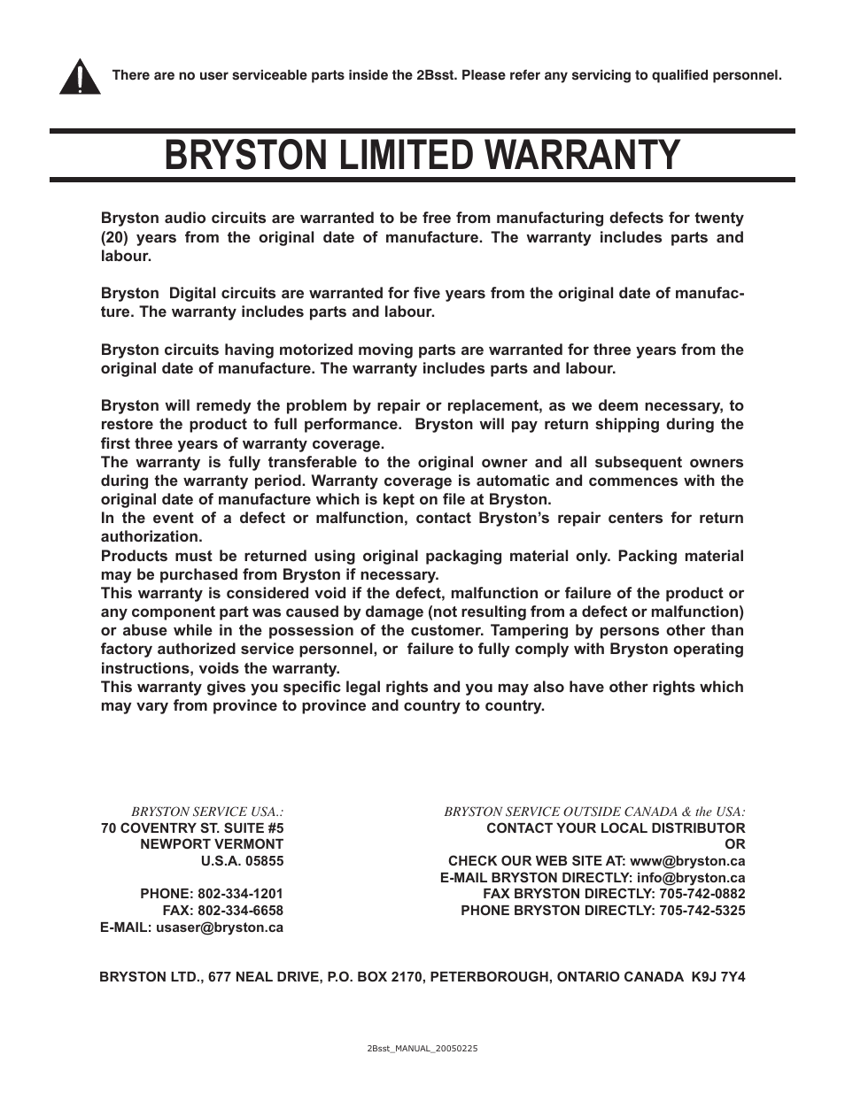 Bryston limited warranty | Bryston 2BSST User Manual | Page 8 / 8