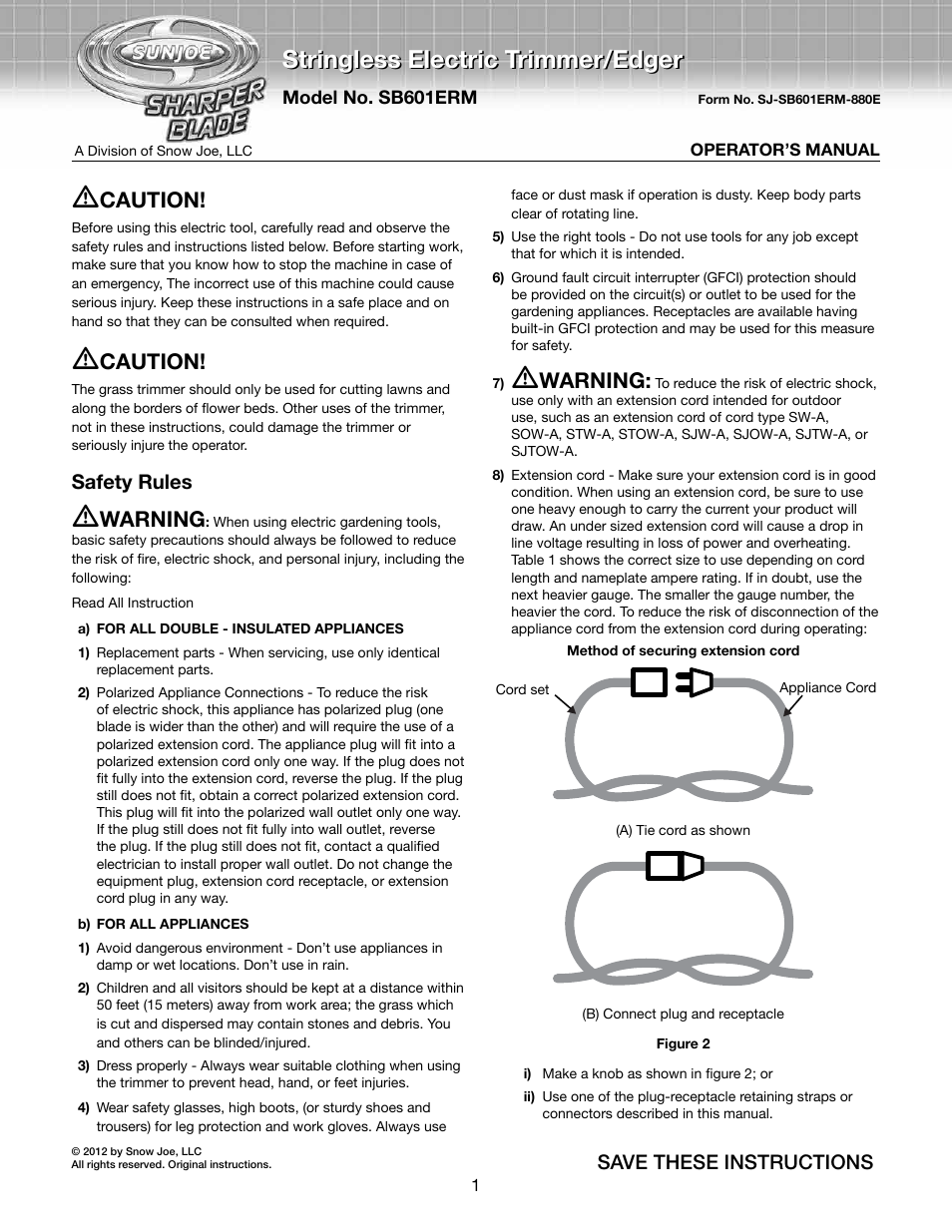 Snow Joe SB601E-RM SharperBlade Electric Stringless Trimmer/Edger User Manual | 10 pages