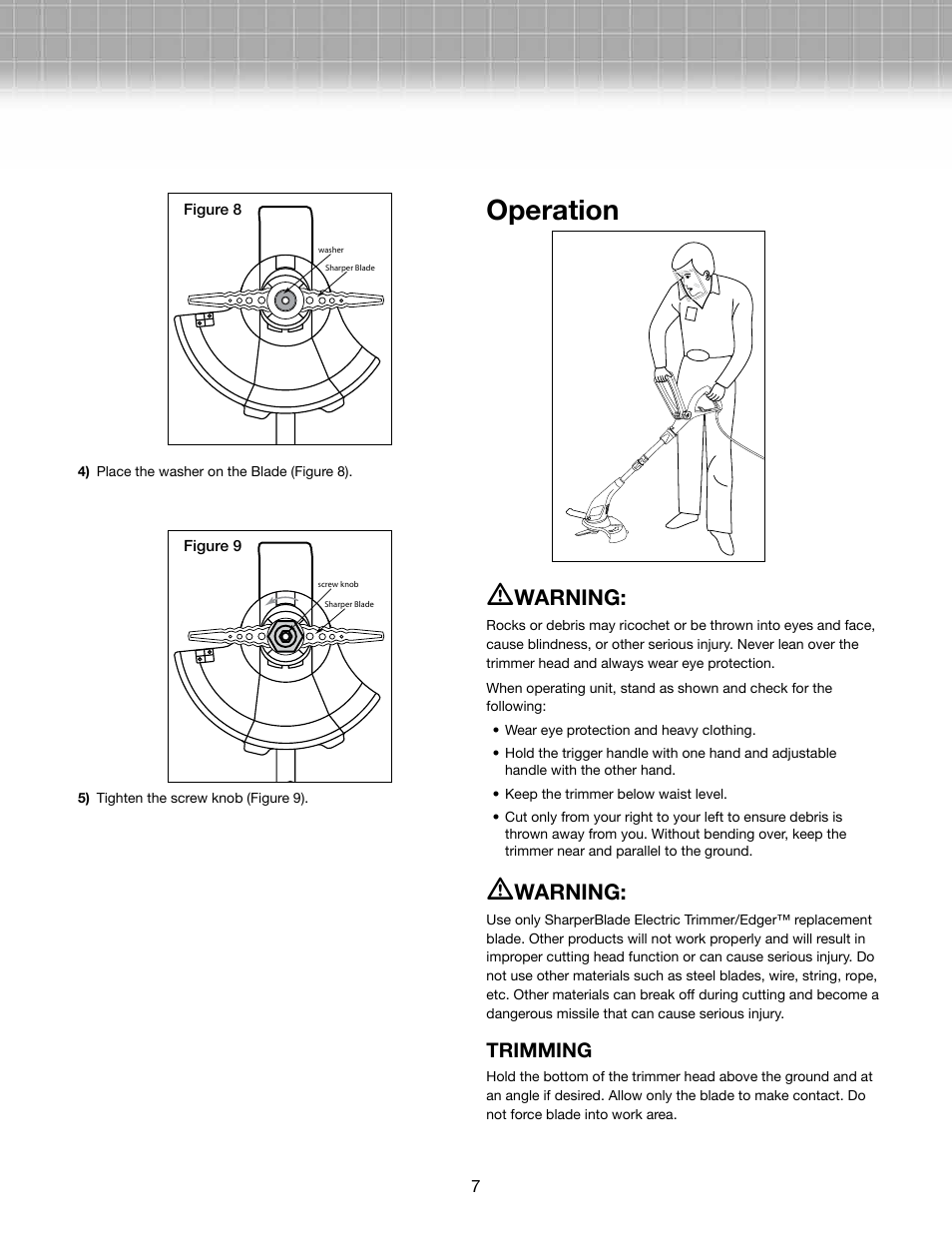 Operation m, Warning, Trimming | Snow Joe SB601E-RM SharperBlade Electric Stringless Trimmer/Edger User Manual | Page 7 / 10