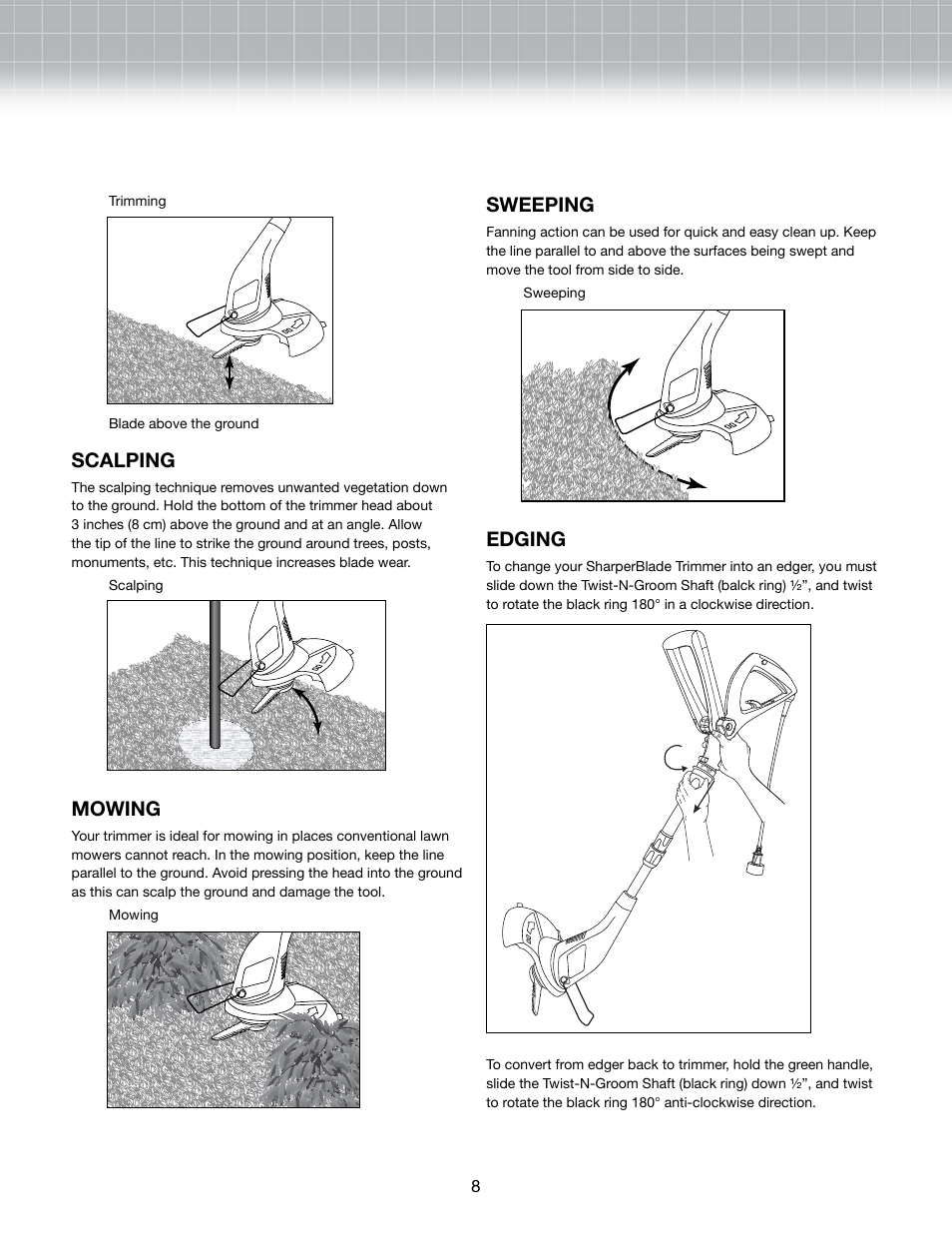 Scalping, Mowing, Sweeping | Edging | Snow Joe SB601E-RM SharperBlade Electric Stringless Trimmer/Edger User Manual | Page 8 / 10