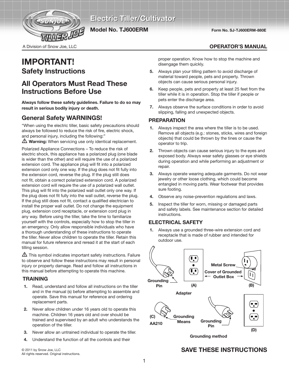 Snow Joe TJ600E-RM Tiller Joe 6.5-Amp Electric Garden Tiller/Cultivator User Manual | 10 pages