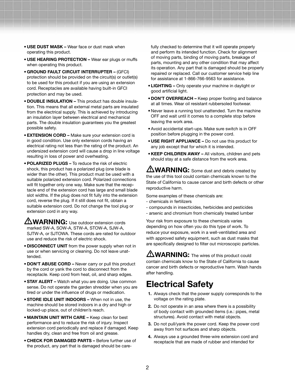 Electrical safety, Warning | Snow Joe AJ800E-RM Dethatcher Joe 14-Inch 11-Amp Electric Dethatcher with Thatch Collection Bag User Manual | Page 2 / 11