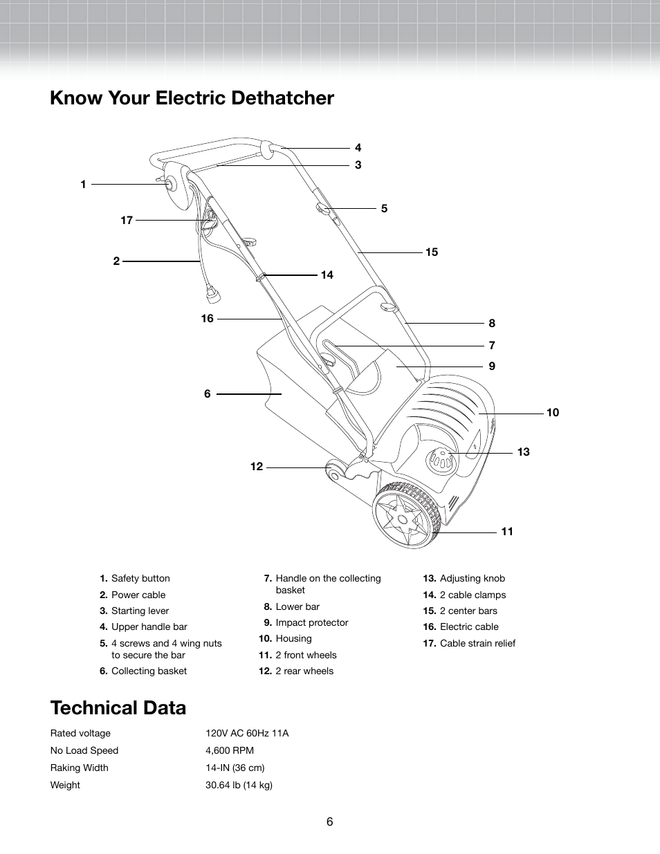 Know your electric dethatcher, Technical data | Snow Joe AJ800E-RM Dethatcher Joe 14-Inch 11-Amp Electric Dethatcher with Thatch Collection Bag User Manual | Page 6 / 11