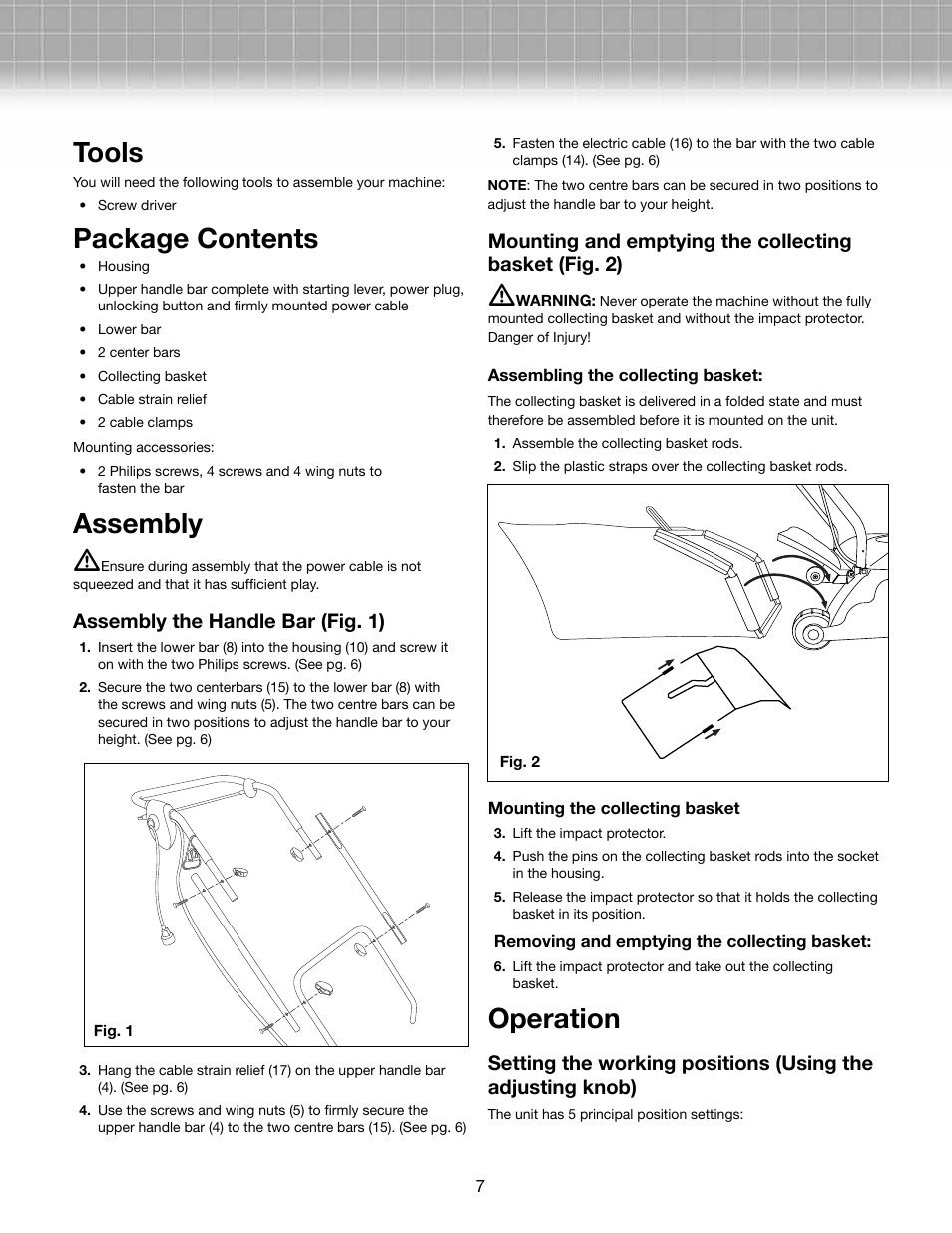 Tools, Package contents, Assembly m | Operation, Assembly the handle bar (fig. 1) | Snow Joe AJ800E-RM Dethatcher Joe 14-Inch 11-Amp Electric Dethatcher with Thatch Collection Bag User Manual | Page 7 / 11