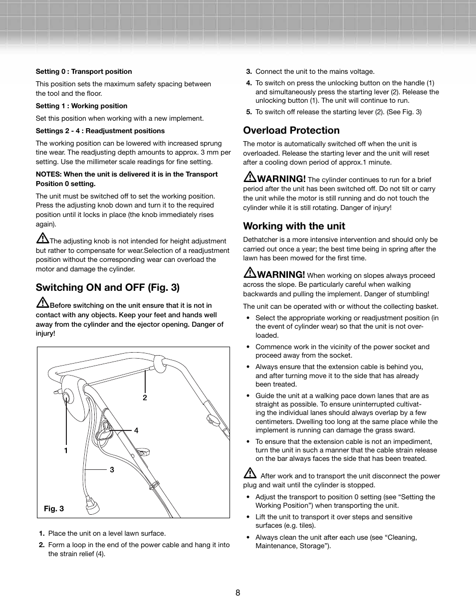 Switching on and off (fig. 3), Overload protection, Working with the unit | Snow Joe AJ800E-RM Dethatcher Joe 14-Inch 11-Amp Electric Dethatcher with Thatch Collection Bag User Manual | Page 8 / 11