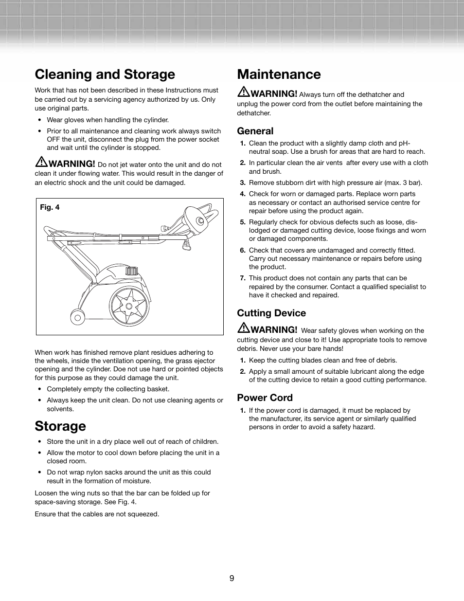 Cleaning and storage, Storage, Maintenance m | General, Cutting device, Power cord | Snow Joe AJ800E-RM Dethatcher Joe 14-Inch 11-Amp Electric Dethatcher with Thatch Collection Bag User Manual | Page 9 / 11