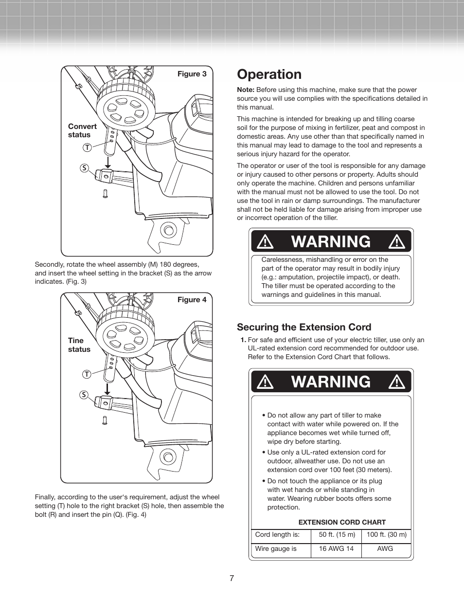 Warning, Operation | Snow Joe TJ601E-RM 9-Amp Electric Garden Tiller/Cultivator User Manual | Page 7 / 10