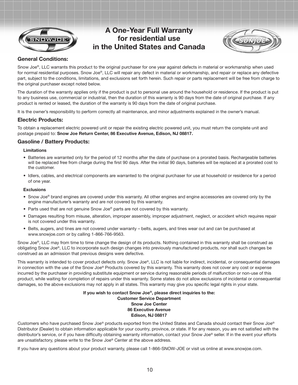 General conditions, Electric products, Gasoline / battery products | Snow Joe TJ599E-RM 2.5-Amp Electric Cultivator User Manual | Page 10 / 10