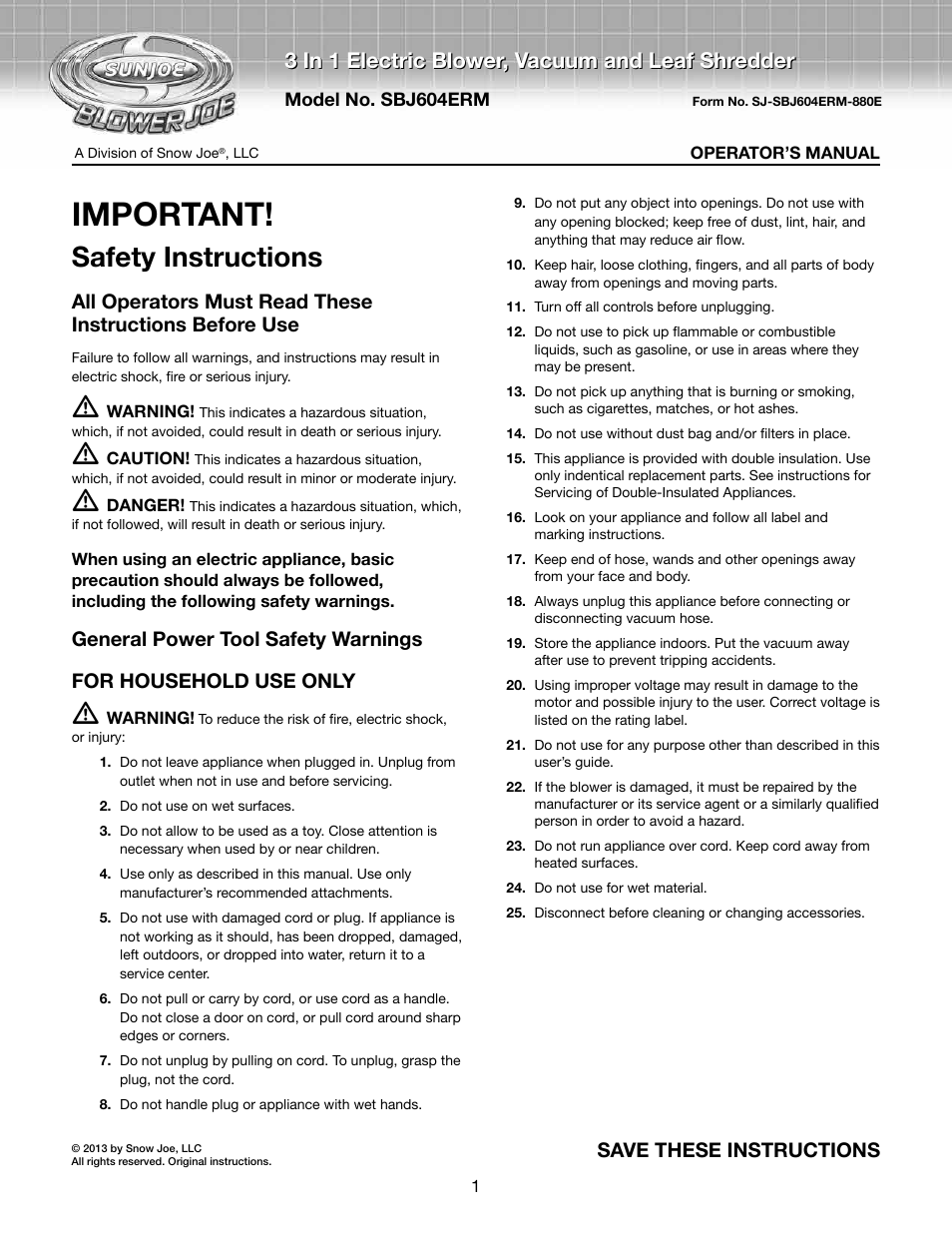 Snow Joe SBJ604E-RM Blower Joe 3-In-1 Electric Blower Vacuum & Leaf Shredder User Manual | 8 pages