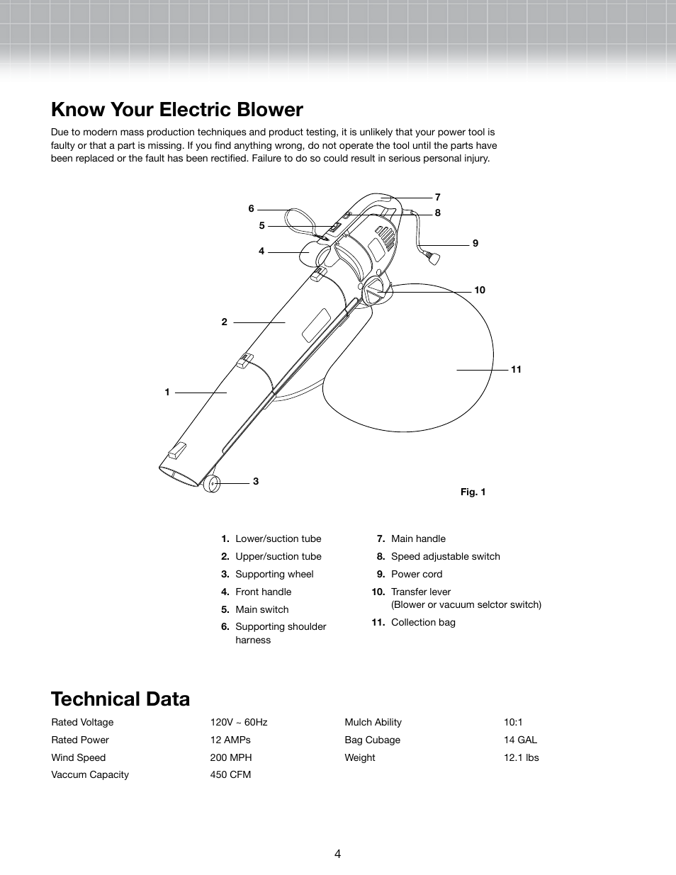 Know your electric blower, Technical data | Snow Joe SBJ604E-RM Blower Joe 3-In-1 Electric Blower Vacuum & Leaf Shredder User Manual | Page 4 / 8