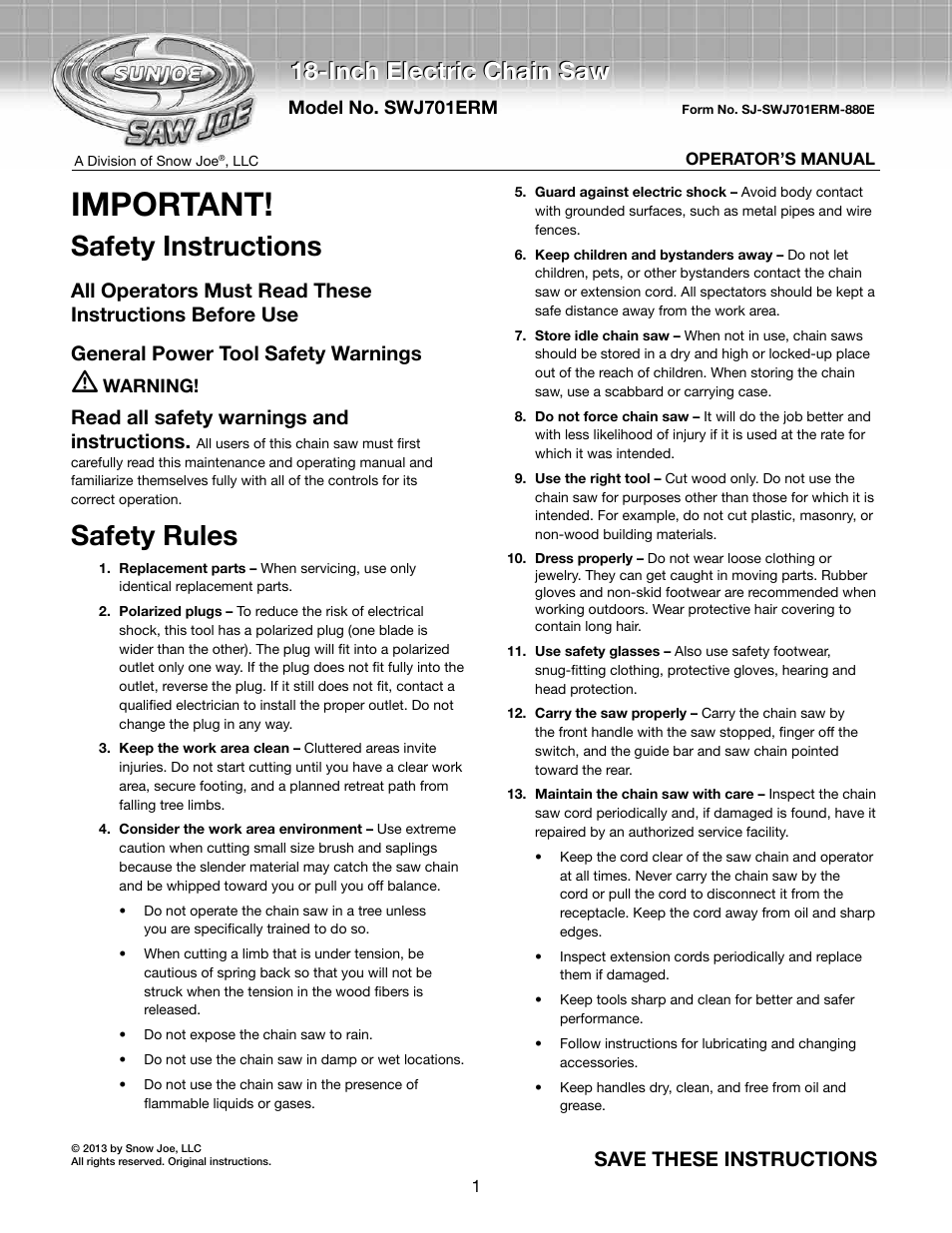 Snow Joe SWJ701E-RM Saw Joe 18-Inch 14-Amp Electric Chain Saw User Manual | 12 pages