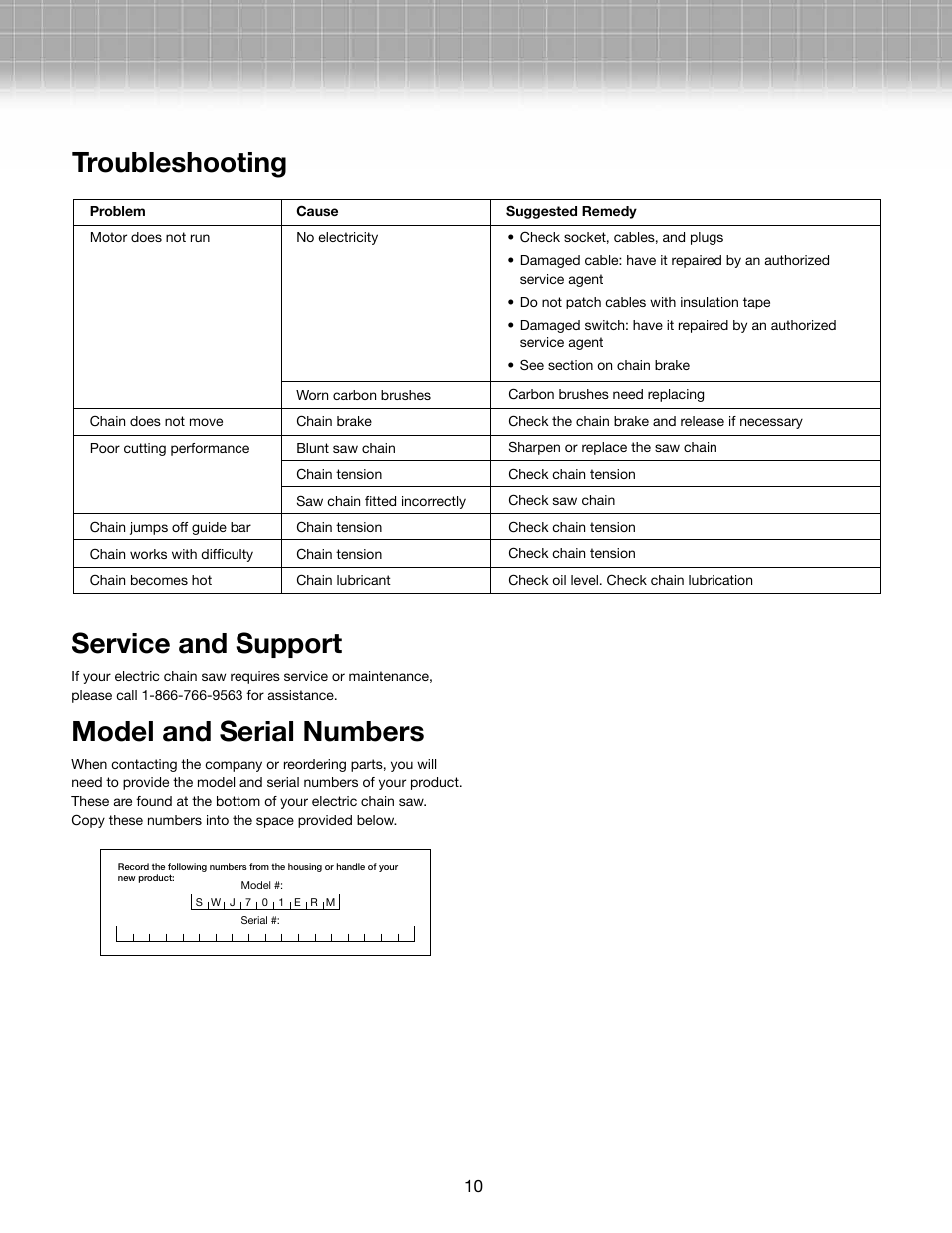 Troubleshooting, Service and support, Model and serial numbers | Snow Joe SWJ701E-RM Saw Joe 18-Inch 14-Amp Electric Chain Saw User Manual | Page 10 / 12