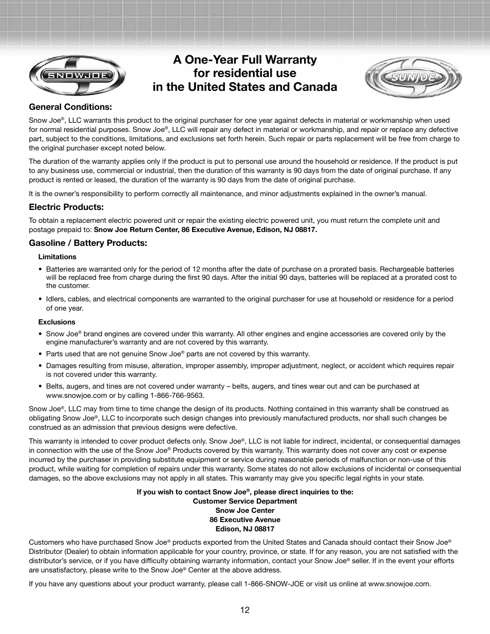 General conditions, Electric products, Gasoline / battery products | Snow Joe SWJ701E-RM Saw Joe 18-Inch 14-Amp Electric Chain Saw User Manual | Page 12 / 12