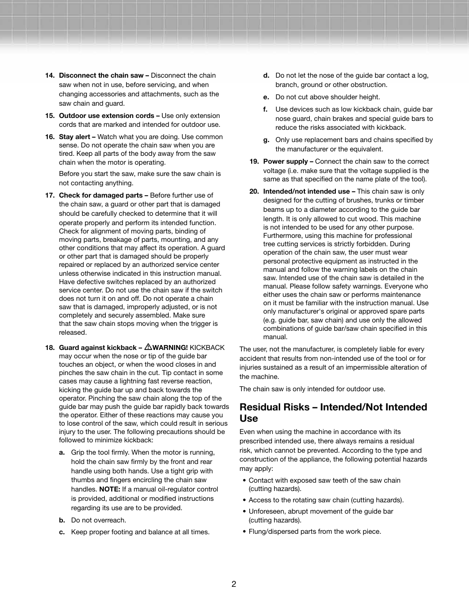 Residual risks – intended/not intended use | Snow Joe SWJ701E-RM Saw Joe 18-Inch 14-Amp Electric Chain Saw User Manual | Page 2 / 12