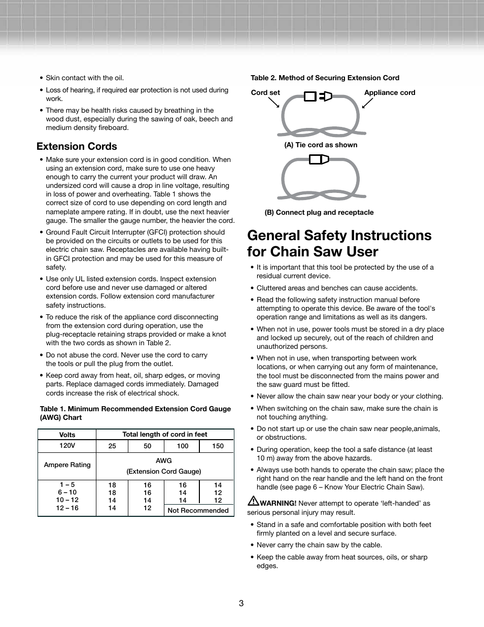 General safety instructions for chain saw user, Extension cords | Snow Joe SWJ701E-RM Saw Joe 18-Inch 14-Amp Electric Chain Saw User Manual | Page 3 / 12