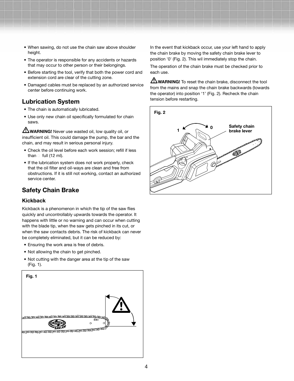 Lubrication system, Safety chain brake | Snow Joe SWJ701E-RM Saw Joe 18-Inch 14-Amp Electric Chain Saw User Manual | Page 4 / 12