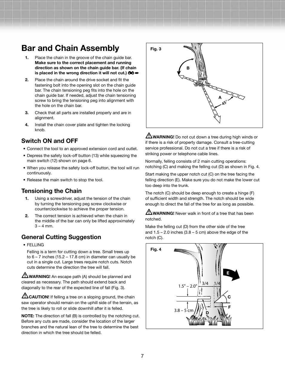 Bar and chain assembly, Switch on and off, Tensioning the chain | General cutting suggestion | Snow Joe SWJ701E-RM Saw Joe 18-Inch 14-Amp Electric Chain Saw User Manual | Page 7 / 12