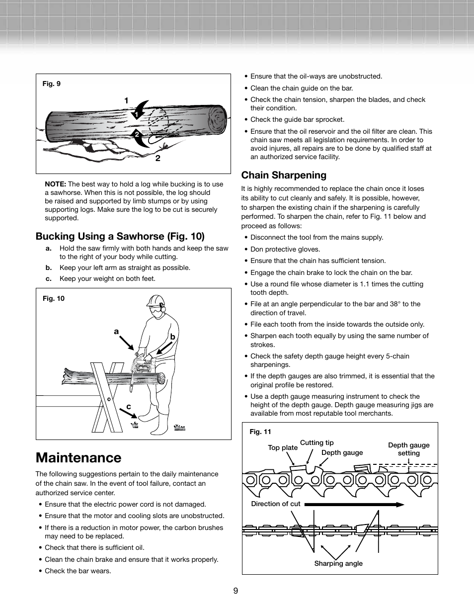 Maintenance, Bucking using a sawhorse (fig. 10), Chain sharpening | Snow Joe SWJ701E-RM Saw Joe 18-Inch 14-Amp Electric Chain Saw User Manual | Page 9 / 12