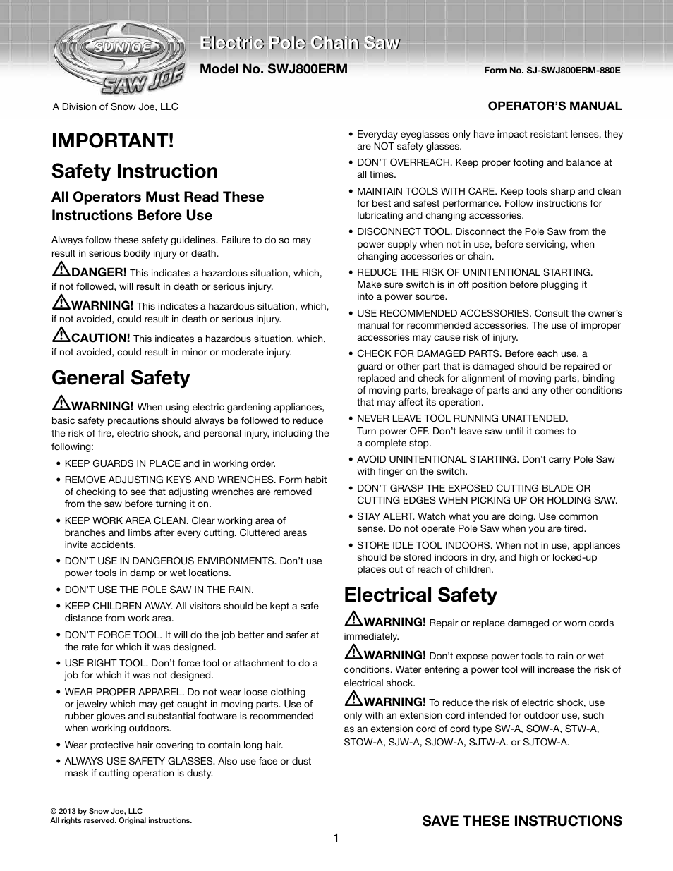 Snow Joe SWJ800E-RM Saw Joe 8-Inch 6.5-Amp Electric Pole Chain Saw User Manual | 12 pages