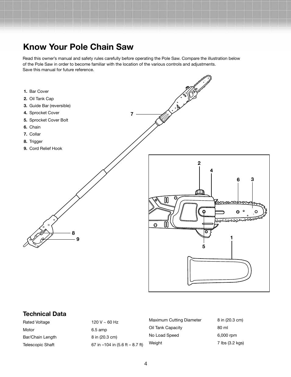 Know your pole chain saw, Technical data | Snow Joe SWJ800E-RM Saw Joe 8-Inch 6.5-Amp Electric Pole Chain Saw User Manual | Page 4 / 12