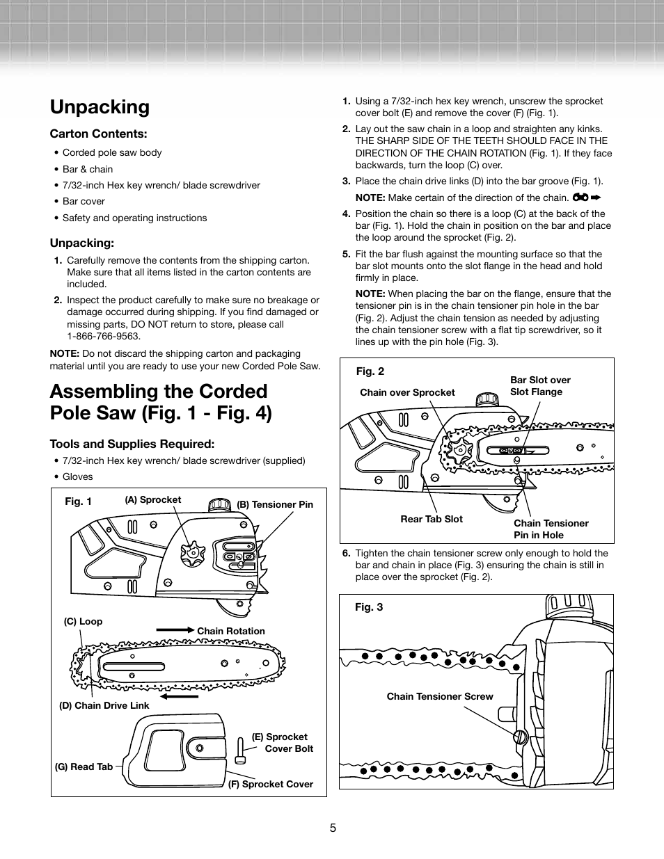 Unpacking, Assembling the corded pole saw (fig. 1 - fig. 4) | Snow Joe SWJ800E-RM Saw Joe 8-Inch 6.5-Amp Electric Pole Chain Saw User Manual | Page 5 / 12