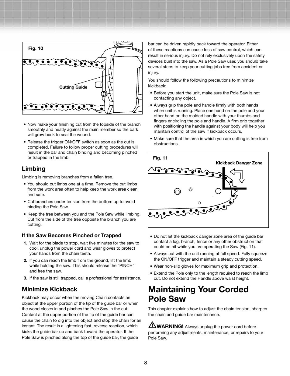Maintaining your corded pole saw, Limbing, Minimize kickback | Snow Joe SWJ800E-RM Saw Joe 8-Inch 6.5-Amp Electric Pole Chain Saw User Manual | Page 8 / 12