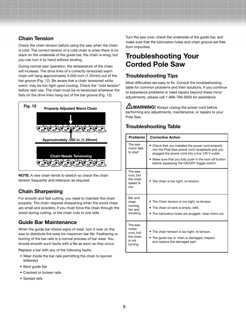 Troubleshooting your corded pole saw, Chain tension, Chain sharpening | Guide bar maintenance, Troubleshooting tips, Troubleshooting table | Snow Joe SWJ800E-RM Saw Joe 8-Inch 6.5-Amp Electric Pole Chain Saw User Manual | Page 9 / 12