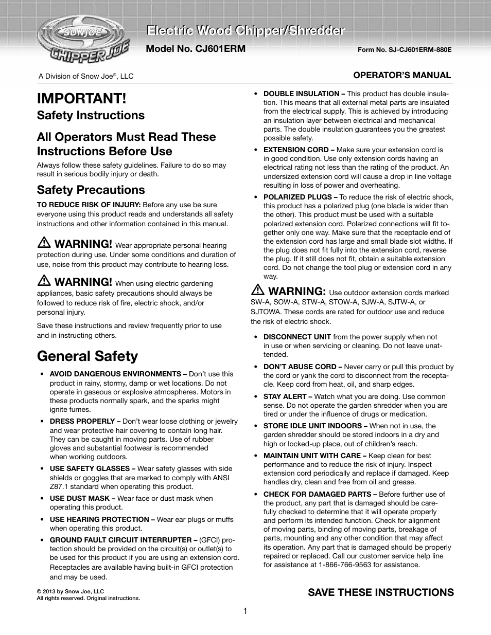 Snow Joe CJ601E-RM Chipper Joe 14 Amp Electric Wood Chipper/Shredder User Manual | 12 pages