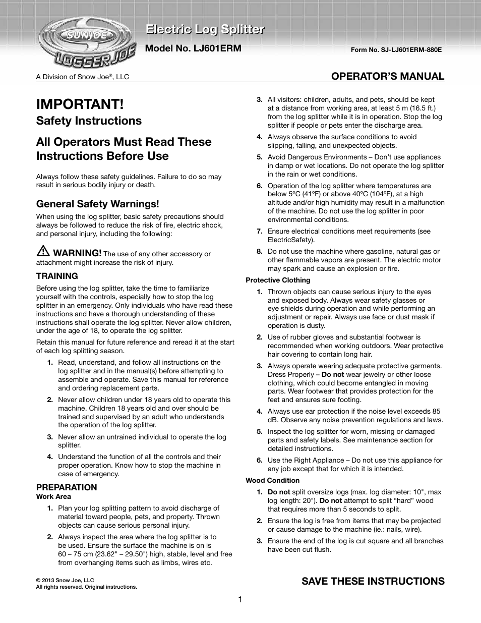 Snow Joe LJ601E-RM Logger Joe 15-Amp 5 Ton Electric Log Splitter User Manual | 12 pages