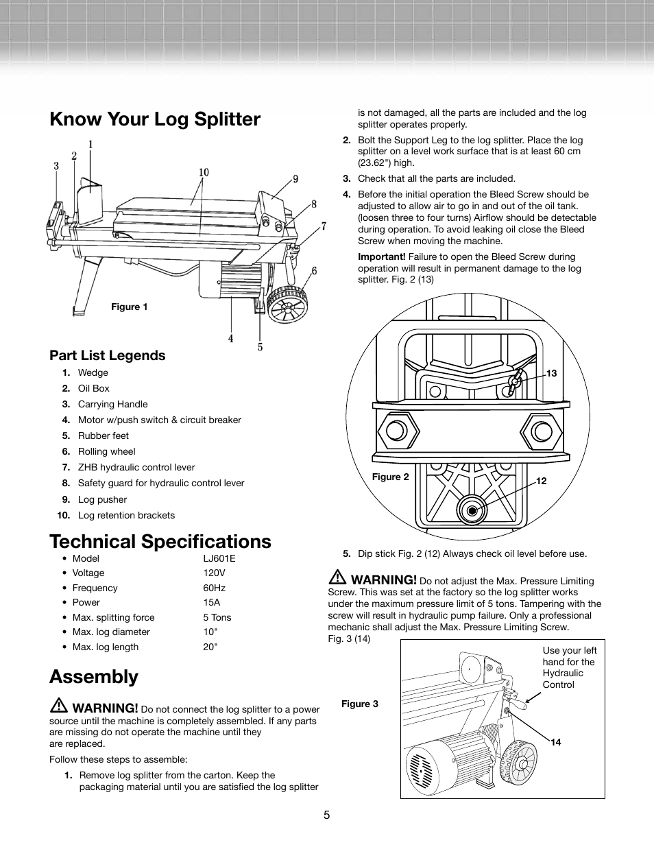 Know your log splitter, Technical specifications, Assembly m | Part list legends | Snow Joe LJ601E-RM Logger Joe 15-Amp 5 Ton Electric Log Splitter User Manual | Page 5 / 12