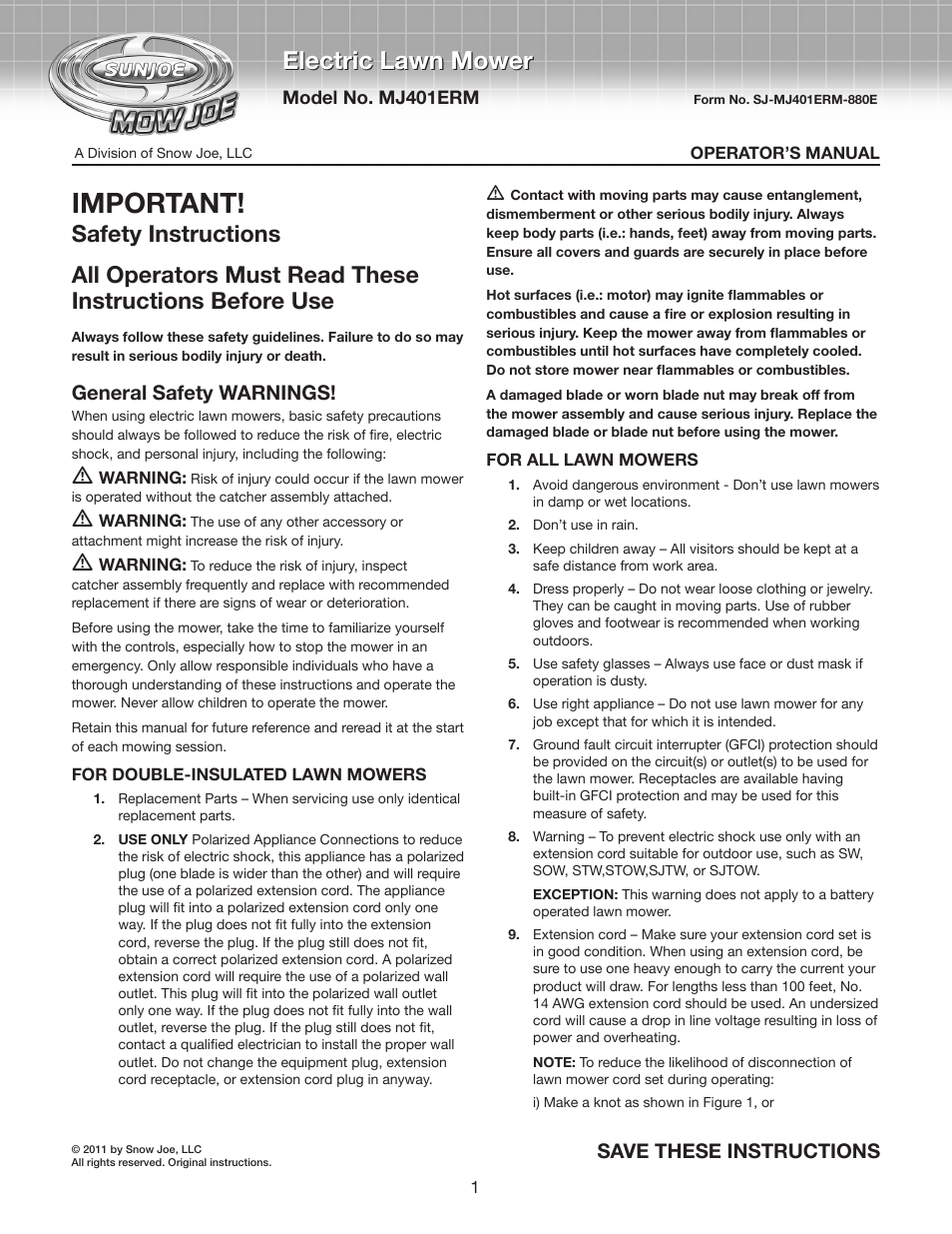 Snow Joe MJ401E-RM Mow Joe 14-Inch Electric Lawn Mower User Manual | 12 pages