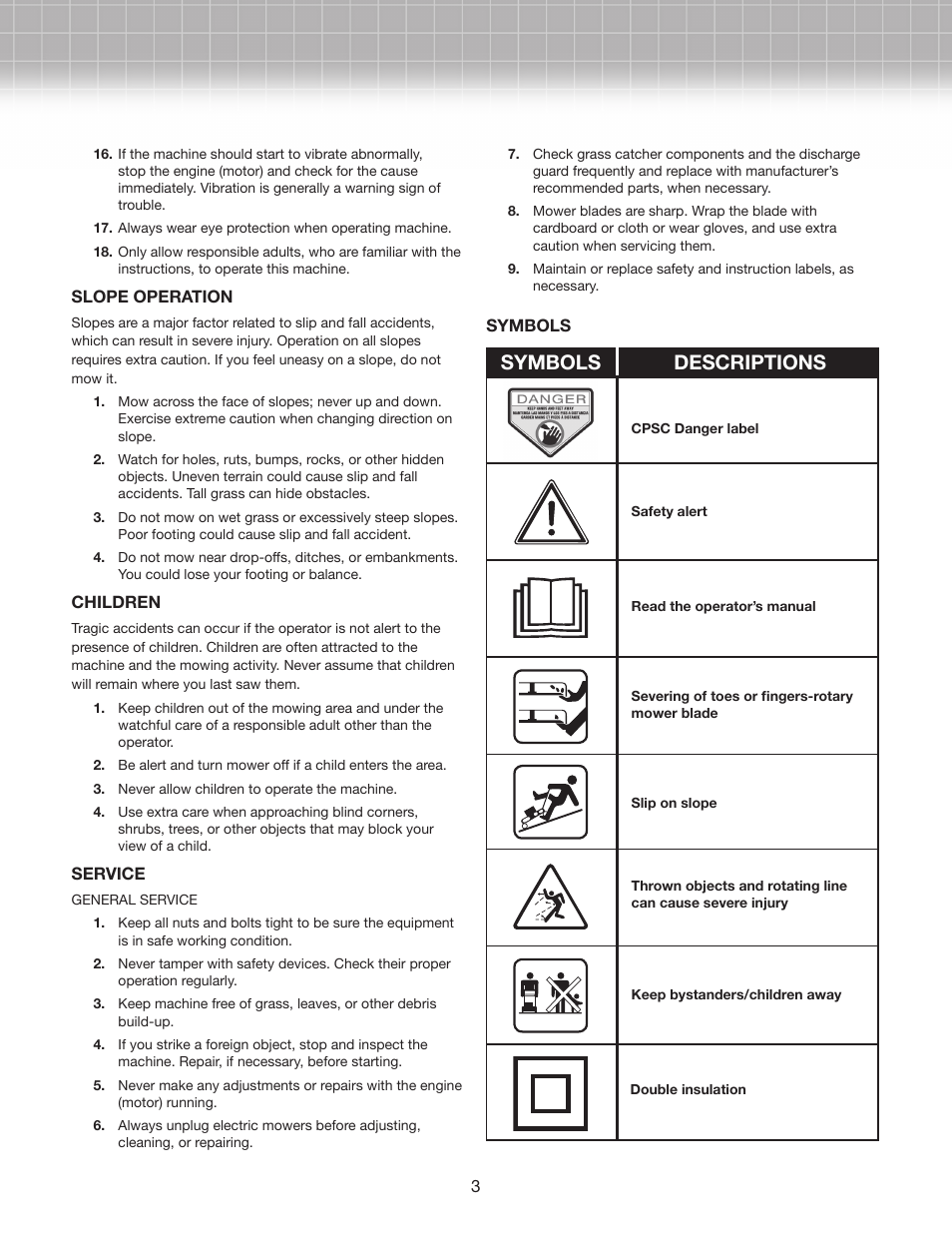 Symbols descriptions | Snow Joe MJ401E-RM Mow Joe 14-Inch Electric Lawn Mower User Manual | Page 3 / 12