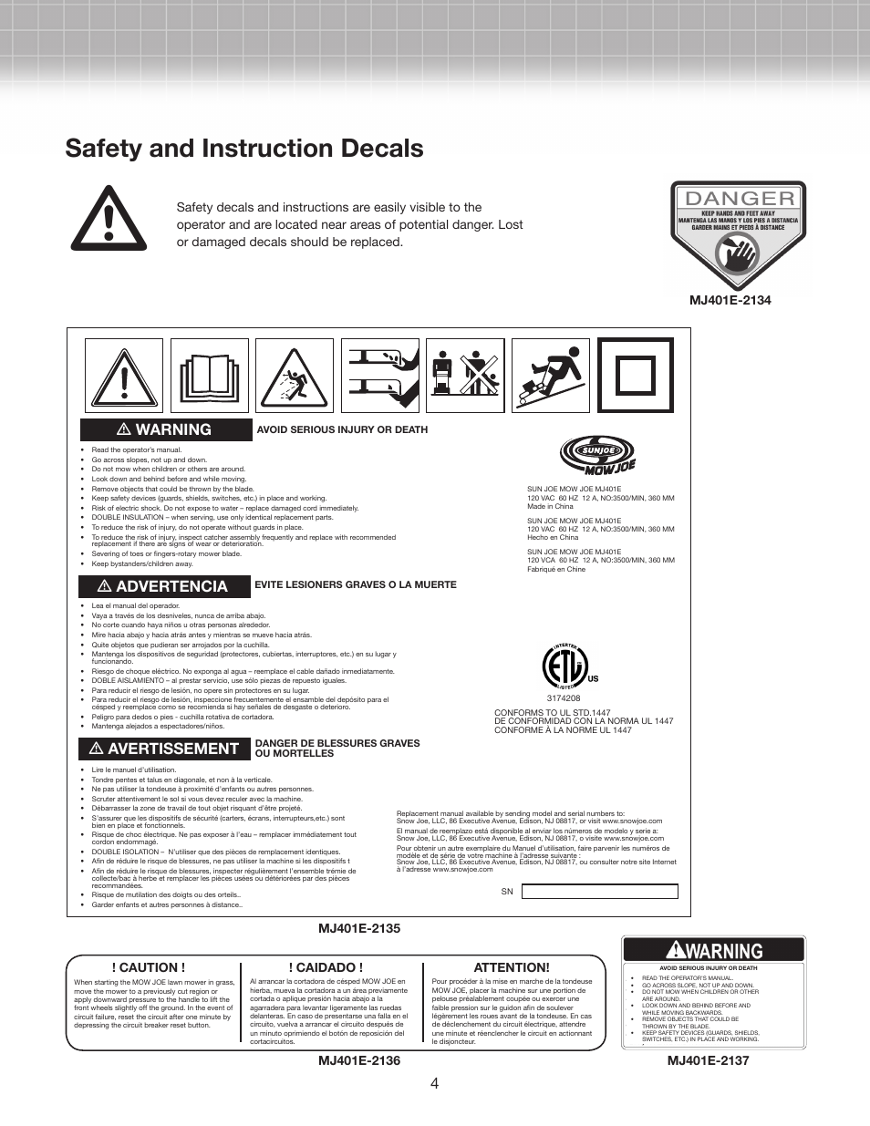 Safety and instruction decals, M warning, M advertencia | M avertissement, Caution ! ! caidado ! attention | Snow Joe MJ401E-RM Mow Joe 14-Inch Electric Lawn Mower User Manual | Page 4 / 12