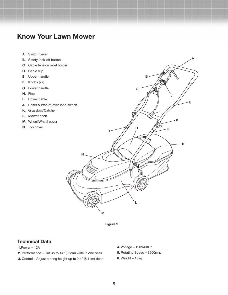 Know your lawn mower, Technical data | Snow Joe MJ401E-RM Mow Joe 14-Inch Electric Lawn Mower User Manual | Page 5 / 12