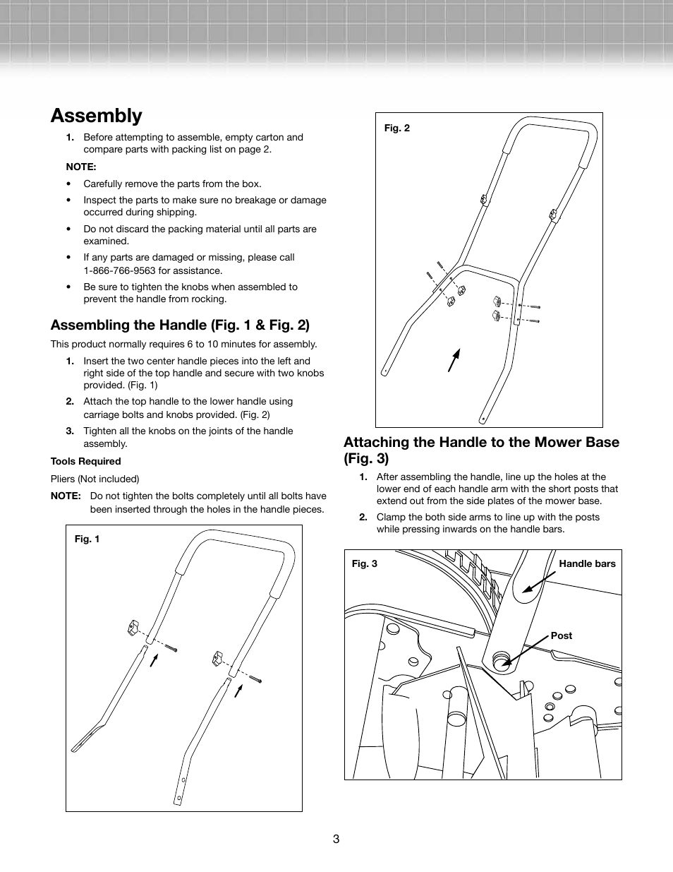 Assembly, Assembling the handle (fig. 1 & fig. 2), Attaching the handle to the mower base (fig. 3) | Snow Joe MJ502M-RM Mow Joe 20-Inch Manual Reel Mower with Grass Catcher User Manual | Page 3 / 8