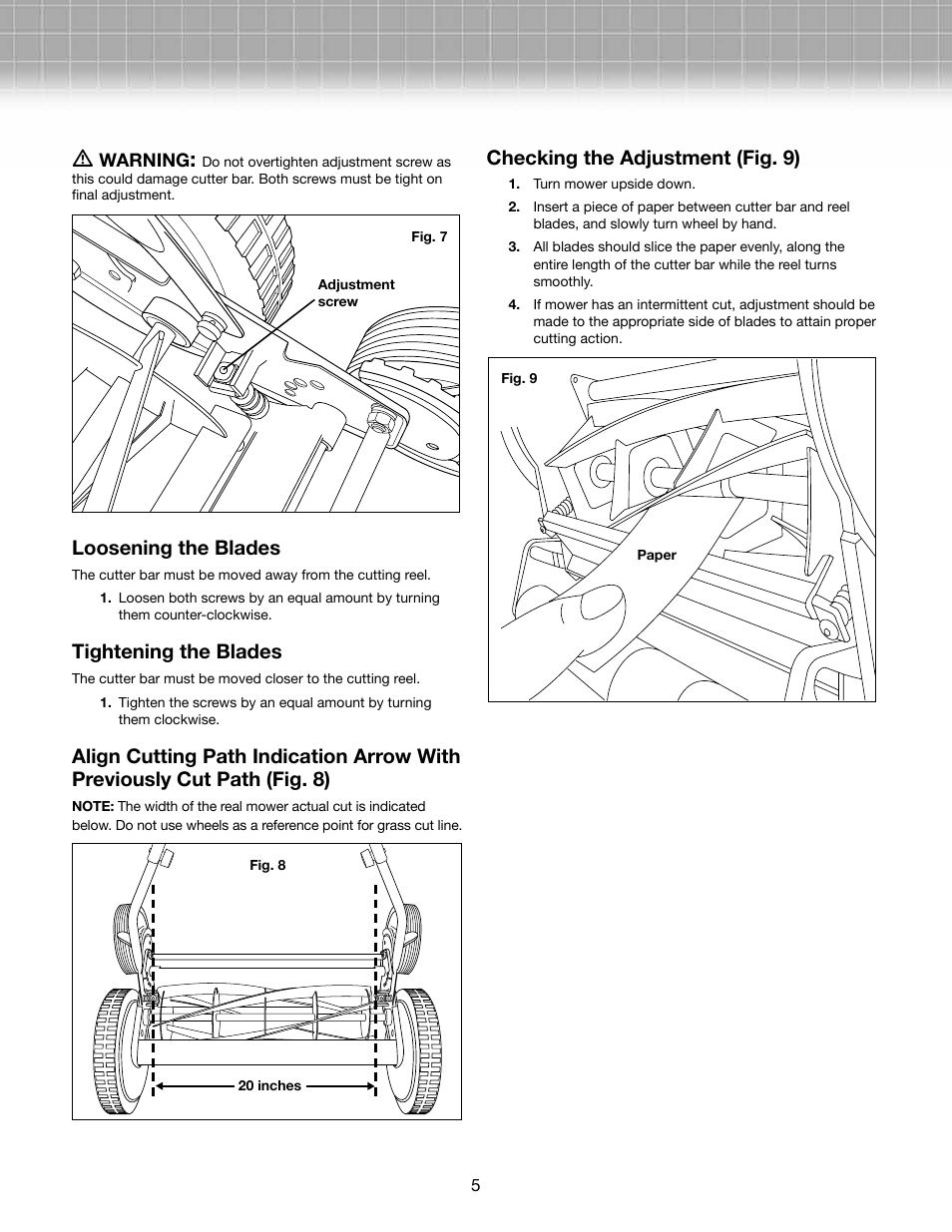 Loosening the blades, Tightening the blades, Checking the adjustment (fig. 9) | Snow Joe MJ502M-RM Mow Joe 20-Inch Manual Reel Mower with Grass Catcher User Manual | Page 5 / 8