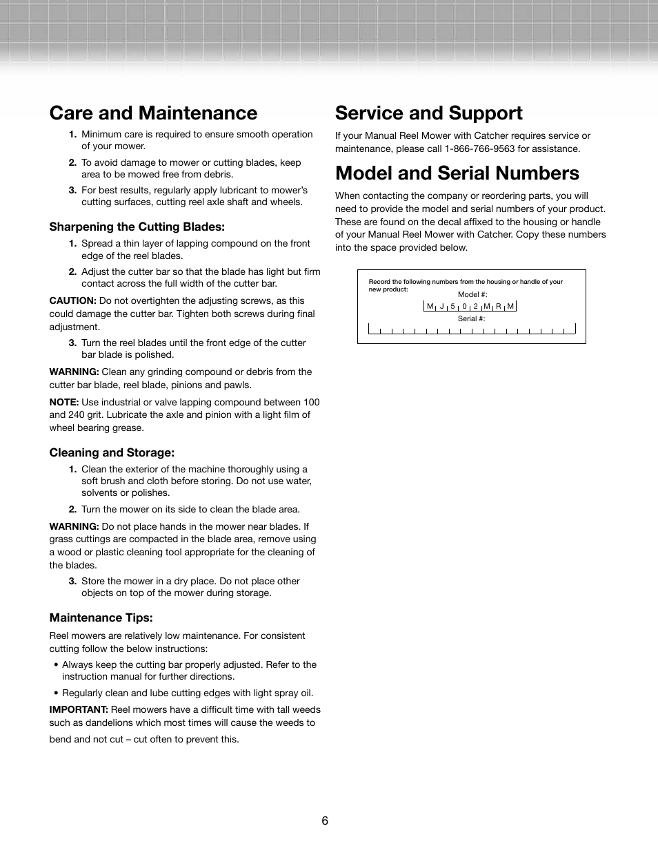 Care and maintenance, Service and support, Model and serial numbers | Snow Joe MJ502M-RM Mow Joe 20-Inch Manual Reel Mower with Grass Catcher User Manual | Page 6 / 8