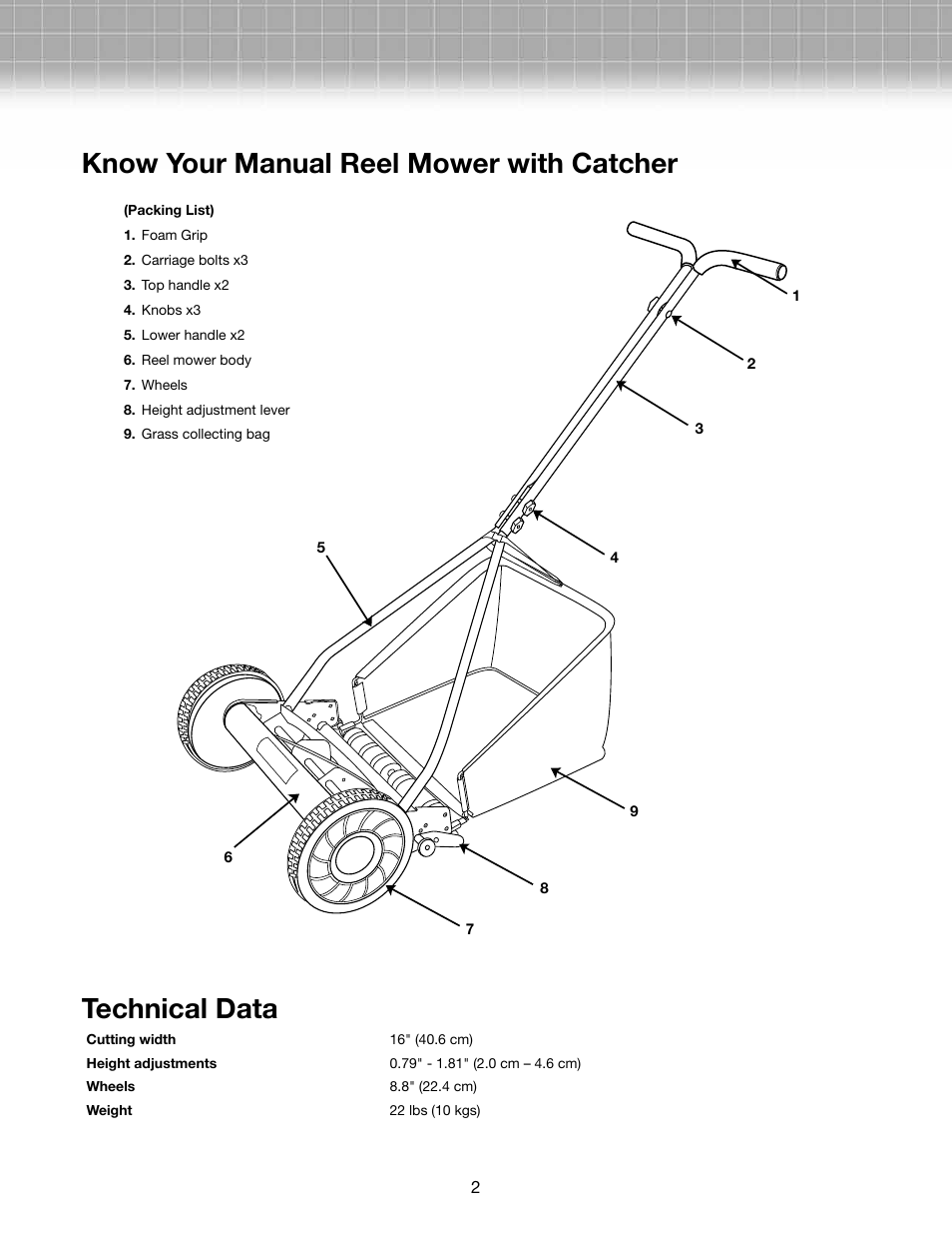 Know your manual reel mower with catcher, Technical data | Snow Joe MJ500M-RM Mow Joe 16-Inch Manual Reel Mower with Catcher User Manual | Page 2 / 6