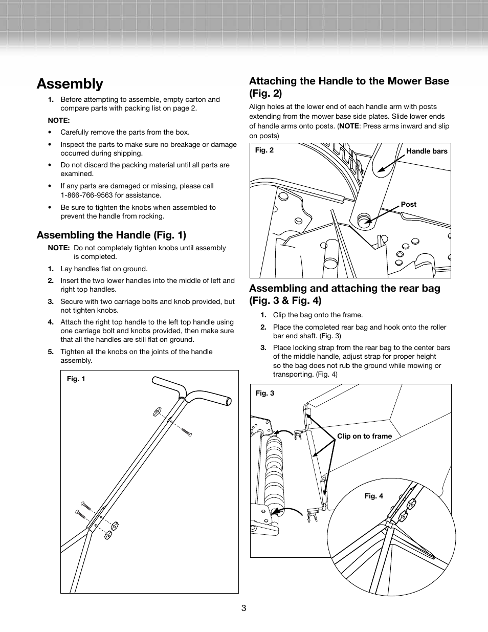 Assembly, Assembling the handle (fig. 1), Attaching the handle to the mower base (fig. 2) | Snow Joe MJ500M-RM Mow Joe 16-Inch Manual Reel Mower with Catcher User Manual | Page 3 / 6