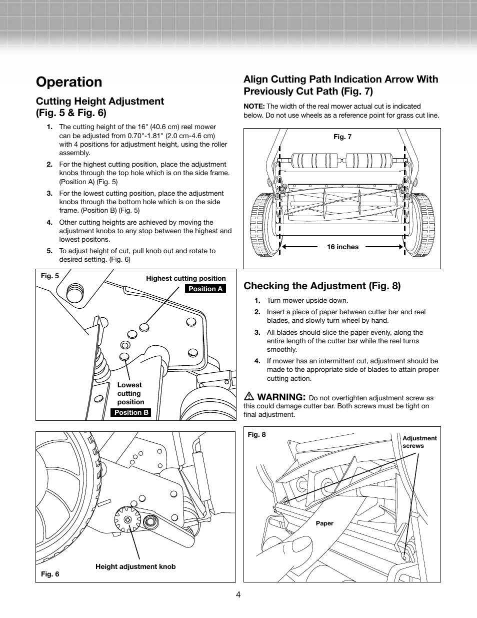 Operation, Cutting height adjustment (fig. 5 & fig. 6), Checking the adjustment (fig. 8) | Snow Joe MJ500M-RM Mow Joe 16-Inch Manual Reel Mower with Catcher User Manual | Page 4 / 6