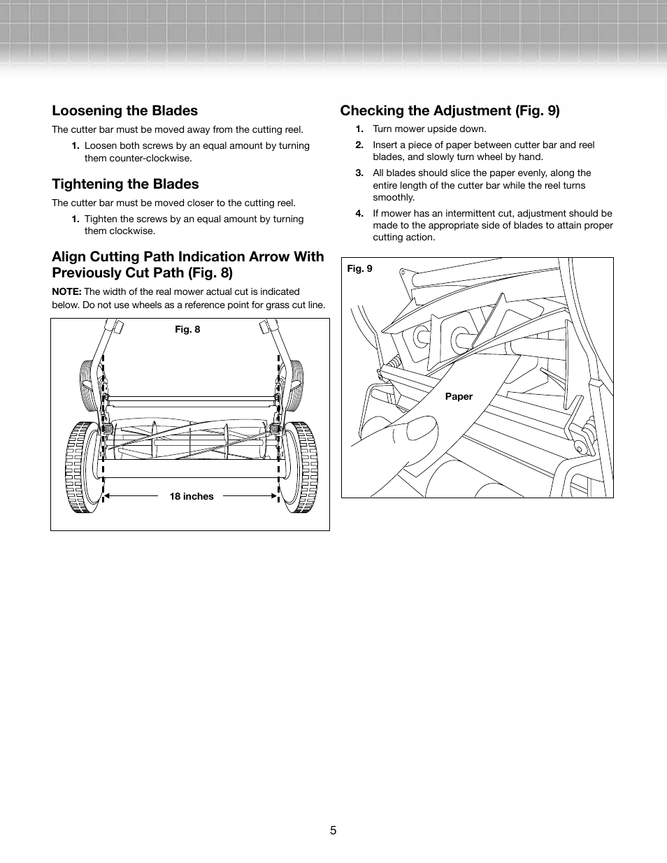 Loosening the blades, Tightening the blades, Checking the adjustment (fig. 9) | Snow Joe MJ501M-RM Mow Joe 18-Inch Manual Reel Mower with Grass Catcher User Manual | Page 5 / 8