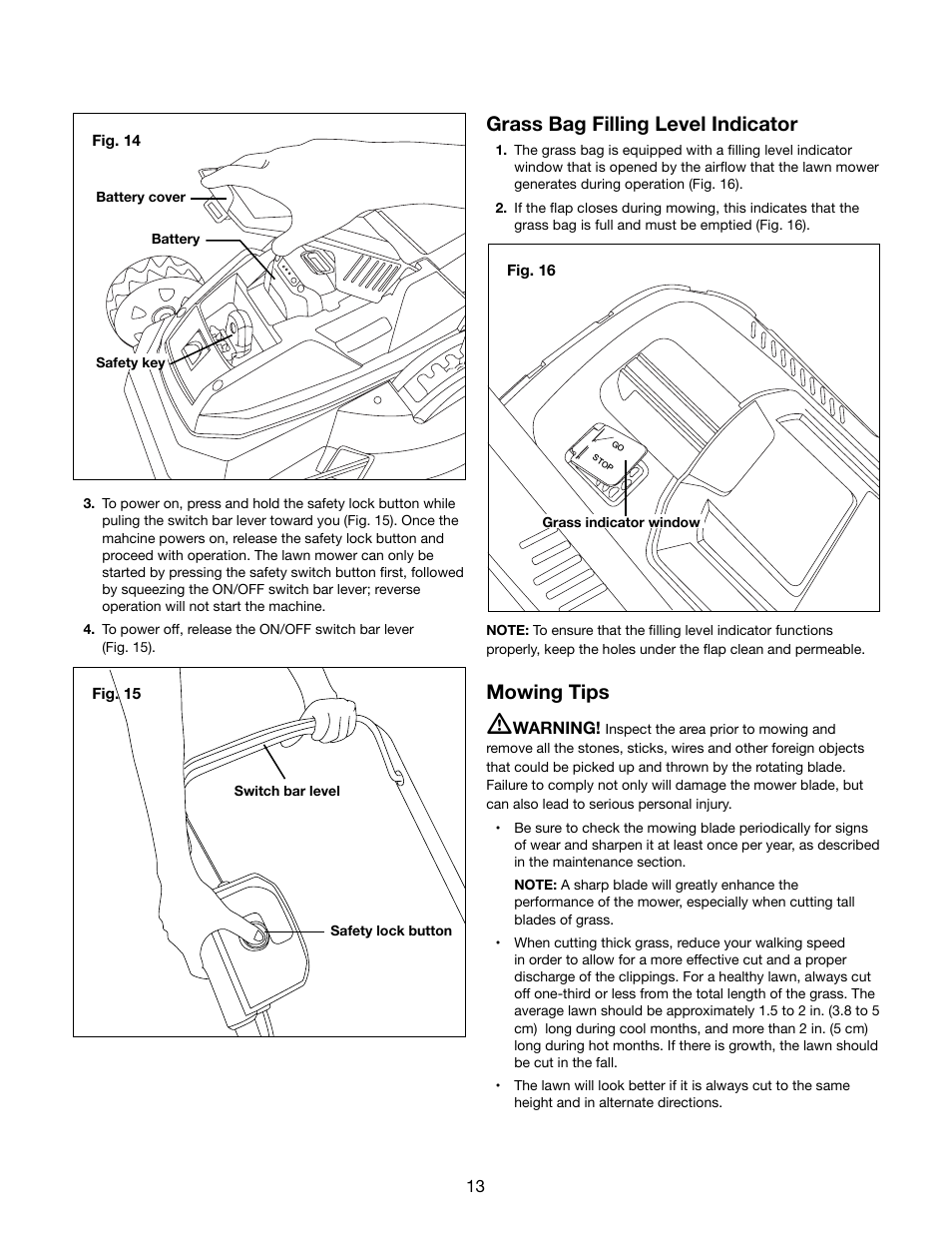 Grass bag filling level indicator, Mowing tips | Snow Joe iON16LM-RM 40-Volt Cordless 16-Inch Lawn Mower w/ Brushless Motor User Manual | Page 13 / 20