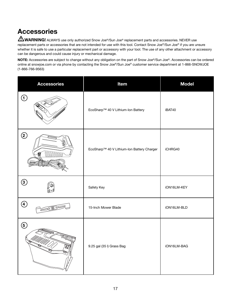 Accessories m, Model accessories item | Snow Joe iON16LM-RM 40-Volt Cordless 16-Inch Lawn Mower w/ Brushless Motor User Manual | Page 17 / 20