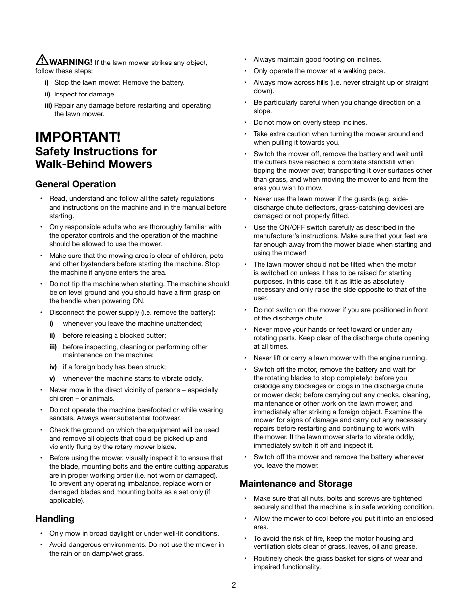 Important, Safety instructions for walk-behind mowers | Snow Joe iON16LM-RM 40-Volt Cordless 16-Inch Lawn Mower w/ Brushless Motor User Manual | Page 2 / 20