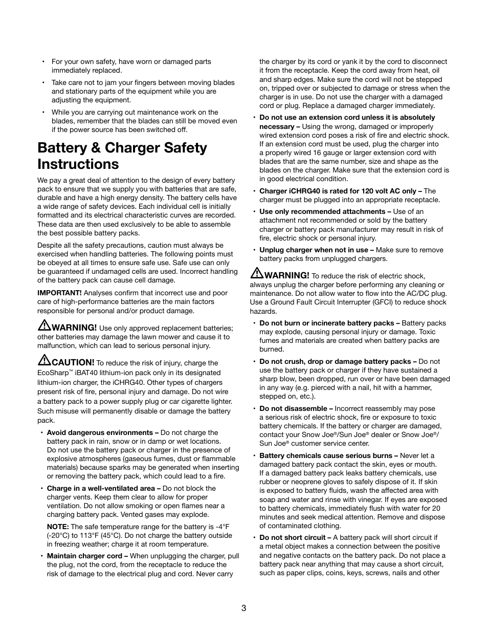 Battery & charger safety instructions | Snow Joe iON16LM-RM 40-Volt Cordless 16-Inch Lawn Mower w/ Brushless Motor User Manual | Page 3 / 20