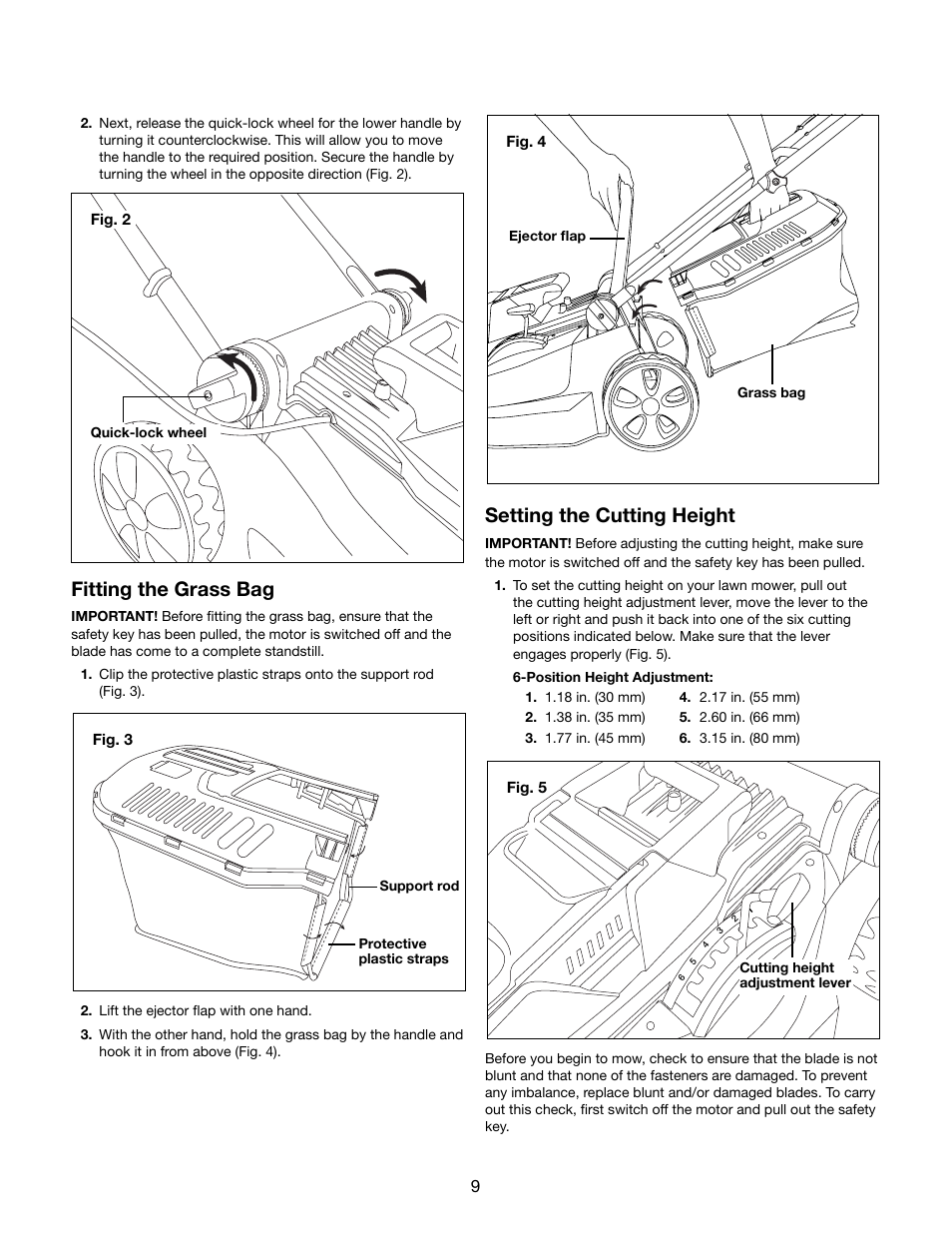 Fitting the grass bag, Setting the cutting height | Snow Joe iON16LM-RM 40-Volt Cordless 16-Inch Lawn Mower w/ Brushless Motor User Manual | Page 9 / 20
