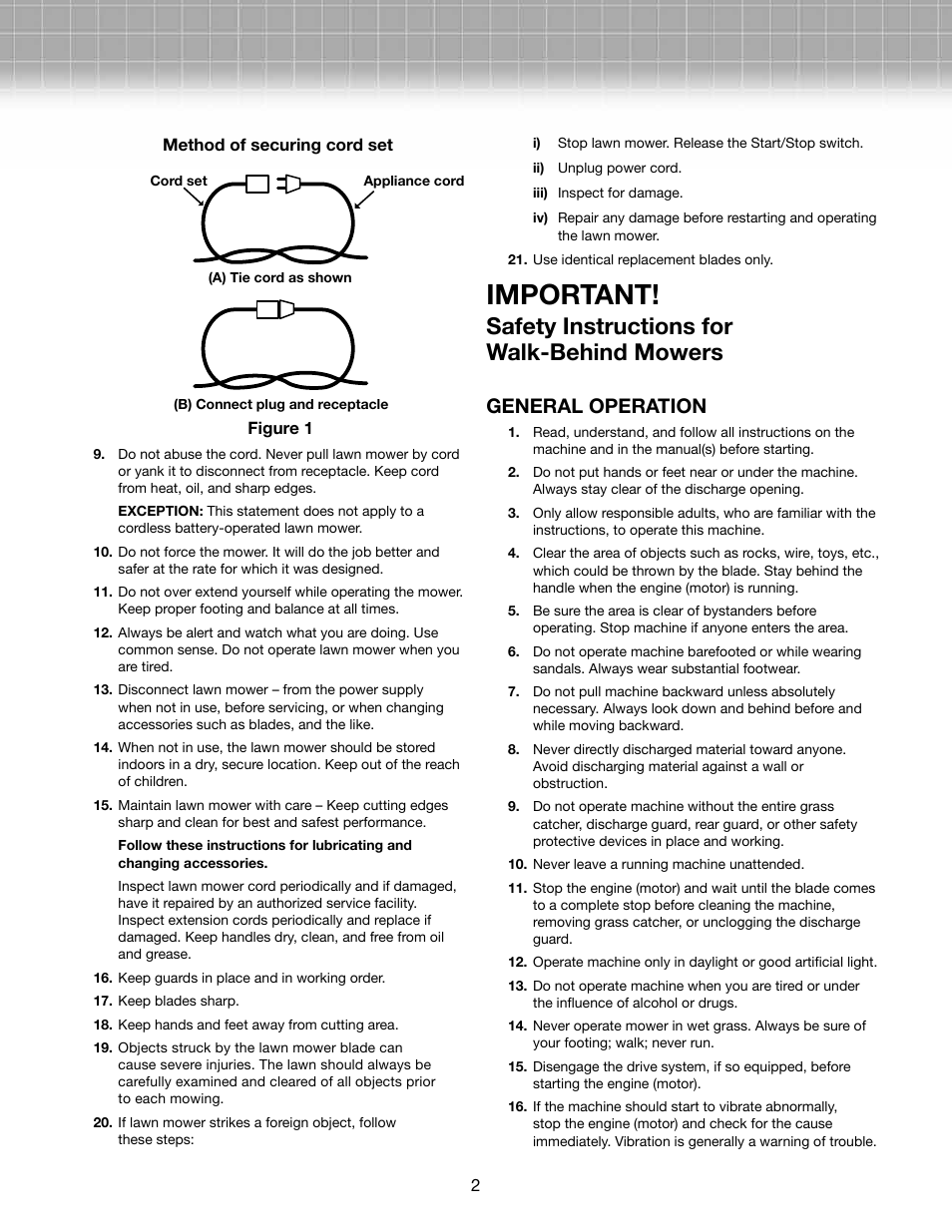 Important, Safety instructions for walk-behind mowers, General operation | Snow Joe MJ403E-RM Mow Joe 13-Amp 17-Inch Electric Lawn Mower User Manual | Page 2 / 10